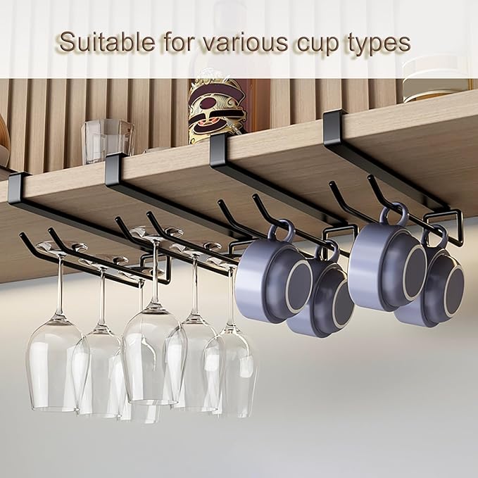 Wine Glass Holder, Hanging Wine Glass Rack Under Cabinet, No Drilling Wine Glass Storage Organizer, Wine Glasses Rack Organizer, for Kitchen Bar Restaurant(Silver)