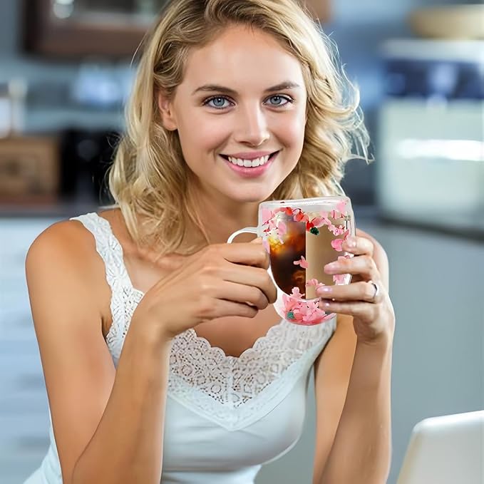 Dried Flowers Double Wall Glass, 350ml Coffee Mugs Cute Glass Tea Cups with Handles,Aesthetic Dried Flowers Cups with Handles,Insulated Coffee Cup Unique Gifts for Women