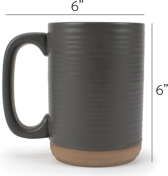 Elanze Designs Tall Ribbed Raw Clay Bottom Grey 16 ounce Ceramic Coffee Mugs Set of 4