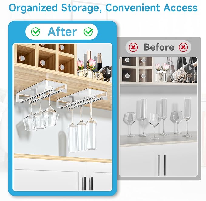 2Pcs Wine Glass Holder Under Cabinet or Shelf, Stainless Steel Stemware Rack, Hanging Wine Glass Storage Organizer for Bar Kitchen Restaurant, Silver