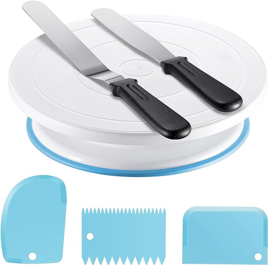 Kootek Cake Decorating Kit Baking Supplies Set Cake Turntable with 2 Frosting Straight Angled Spatula 3 Icing Smoother Scrapers Baking Accessories Tools for Beginners and Pros, Mother's Day, Blue