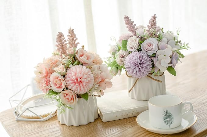 TKAS Artificial Faux Silk Fake Flowers Arrangement, Small Realistic Roses & Hydrangea in Ceramic Vase, Dining Table Centerpiece for Wedding Party Home Decoration (Pink)