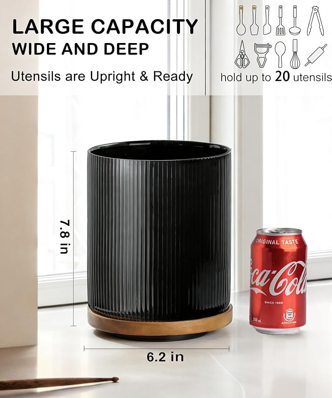 Extra Large Ceramic Utensil Crock for Kitchen Counter, 360° Rotating Utensil Holder Organizer Wide Mouth, No-Tip, Farmhouse Decor (Black)