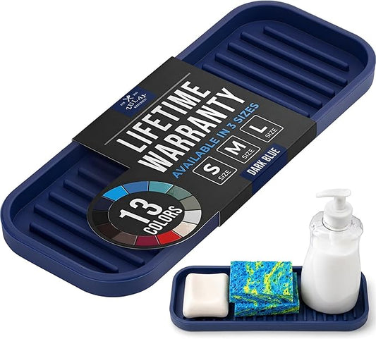 Zulay Kitchen (9x3.5) Silicone Sponge Holder for Kitchen Sink - Flexible Multipurpose Soap Tray - Sink Organizer for Kitchen, Bathroom, Makeup, Trinkets & More (Dark Blue)