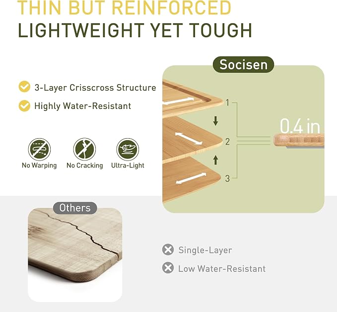 Lightweight Durable Bamboo Cutting Board Set with Non-Slip Feet, Wooden Cutting Boards for Busy Kitchen, Easy Storage & Clean Wooden Chopping Boards with Juice Groove Set of 2 (M+L)