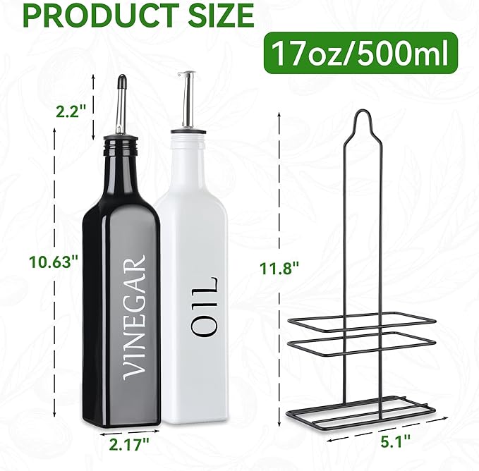 Vakoo Oil and Vinegar Dispenser Set - 17oz/500ml, Extra Thick Glass, Leak-Proof, Olive Oil Dispenser Bottle for Kitchen (White Black)