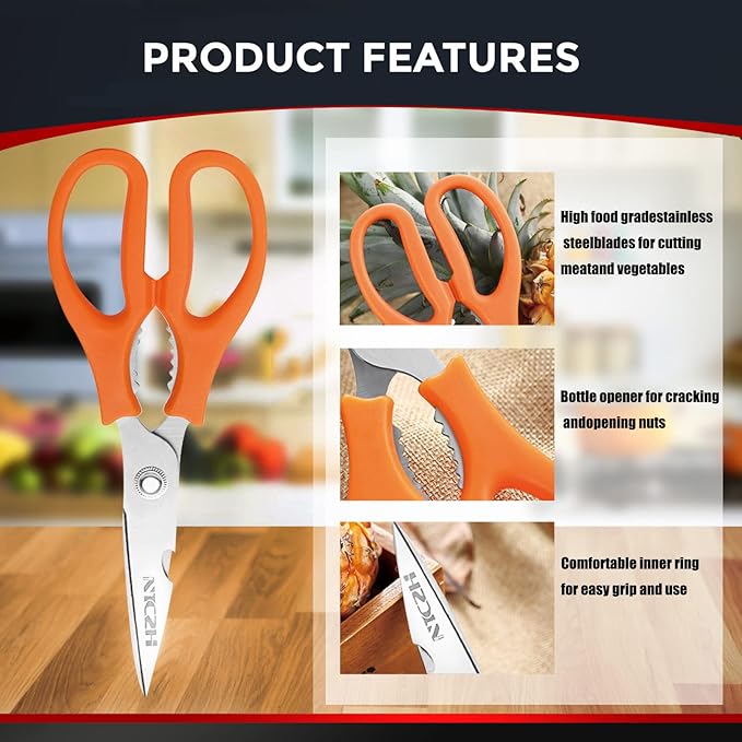 Kitchen Shears, Multi-function Heavy Duty Dishwasher Safe Poultry Shears, Food Grade Stainless Steel Sharp Utility Scissors for Food, White