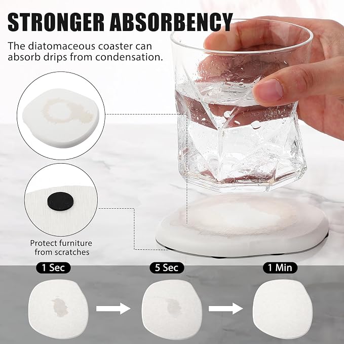 Diatomaceous Earth Coaster ，Set of 6，Unique White Absorbent Coasters for Drinks，Modern Aesthetic Instant Dry Stone Drink Coasters（6,White）