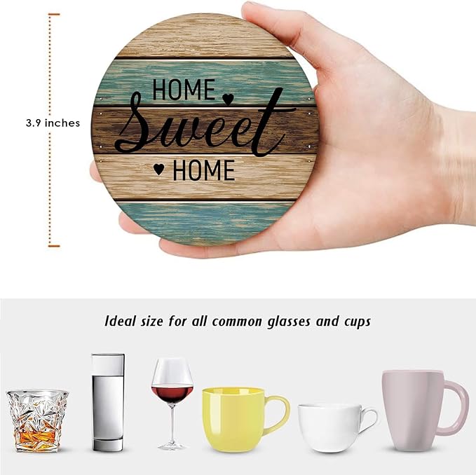 Britimes Coaster for Drinks Set of 6, Wooden Planks Wood Paint Table Absorbent Round Ceramic Stone Mat, with Cork Base and Metal Holder, Gift for Housewarming Room Bar Decor
