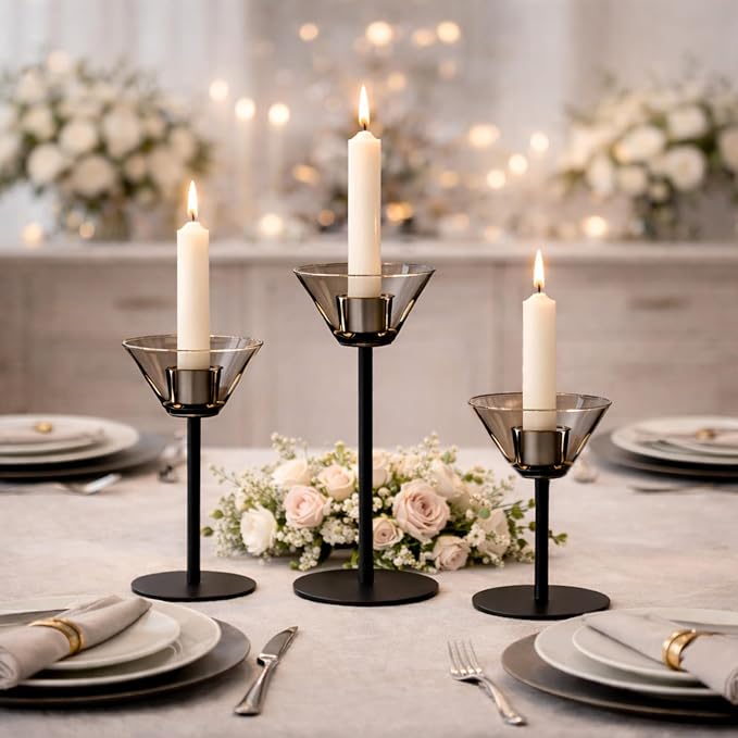 Smytle Smoke‑Gray Candlestick Holders, Set of 3 Smoked Glass Candleholder Sets with Weighted Metal Base, Modern Minimalist Taper Candle Holders for Fireplace Mantel and Table Decor