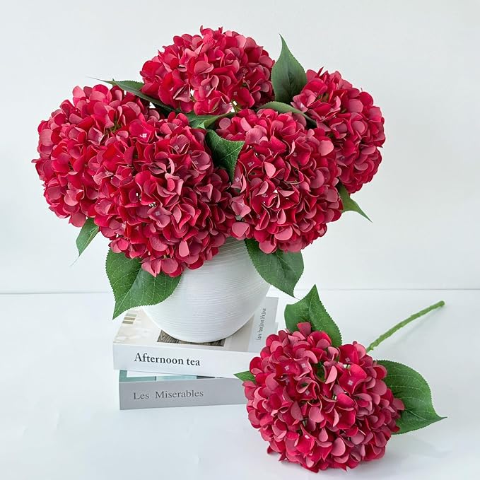 ZYTUYO 5 Pcs Red Silk Hydrangeas Artificial Flower Boho Dried Touch 20'' Faux Hydrangeas for Fall Home Decor Kitchen Living Room Porch Wreath Xmas Wedding Flower Arrangement