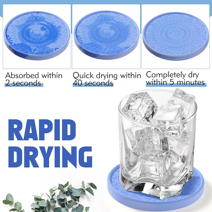 Photect Diatomaceous Earth Coasters Set with Holder Absorbent Stone Drink Coasters Instant Drying Tray for Tabletop Protection Home Decoration Housewarming Gift(Blue,8 Pcs)
