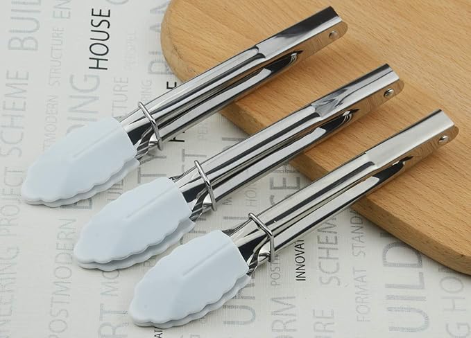 HINMAY Small Serving Tongs with Silicone Tips 7-Inch Mini Tongs, Set of 3 (White)