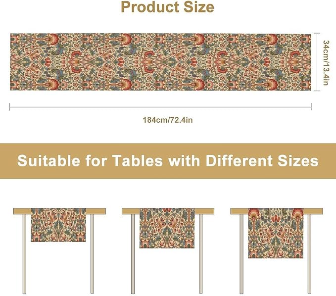 William Morris Floral Table Runner,Modern Flowers Art Home Decor Table Runner for Home Indoor Outdoor Kitchen Holiday Birthday Party Wedding Decor 13x120 Inch