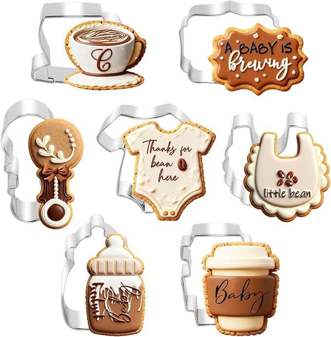 JarThenaAMCS 7Pcs Coffee Baby Shower Cookie Cutters Set Onesie, Bottle, Bib, Rattle Biscuit Cutter A Baby is Brewing Stainless Steel Cookie Cutters Molds for Gender Reveal Birthday Party Decorations