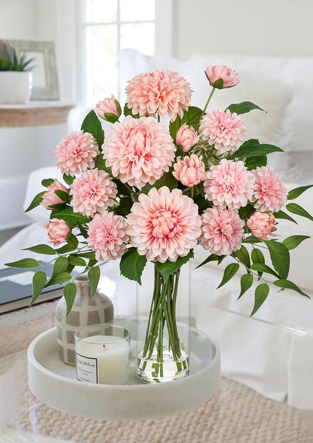 Hollyone Pink Fake Flowers in Vase Dahlia Artificial Flowers in Glass Vase with Faux Water Dahlia Silk Flower Arrangements for Bathroom Office Table Centerpiece Shelf Decorations Home Decor