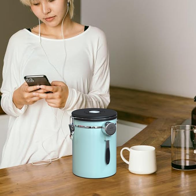 38OZ Coffee Canister for ground coffee with Date Tracker,Mint Green 304 Stainless Steel Kitchen Food Airtight storage container for Coffee Beans or Grounds, Tea, Sugar