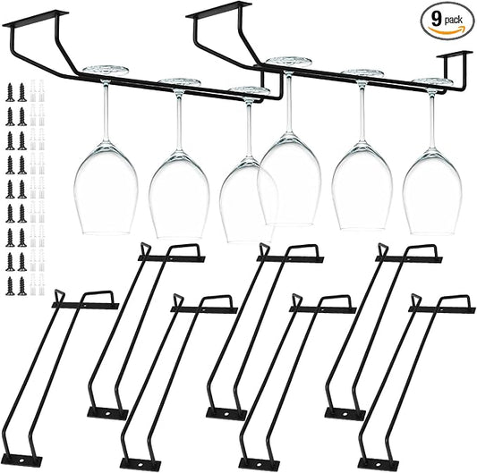 9 Pack 14 Inch Black Wine Glass Rack Hanging Under Cabinet Wine Glass Holder Under Shelf Metal Stemware Racks Glass Storage Hanger Organizer for Kitchen Bar Pub(Classic)