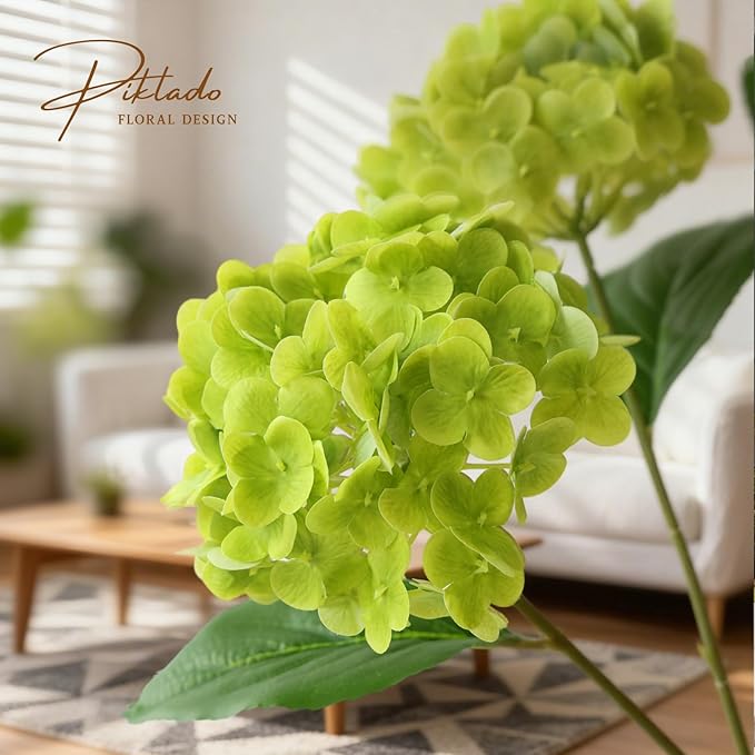 A Bunch 21in, Real Touch Green Hydrangea Artificial Flowers, with 5pcs Flower Head 10pcs Leaves,Faux Hydrangea Flowers for Home Office Decor Wedding Party Arrangements (1, Green)