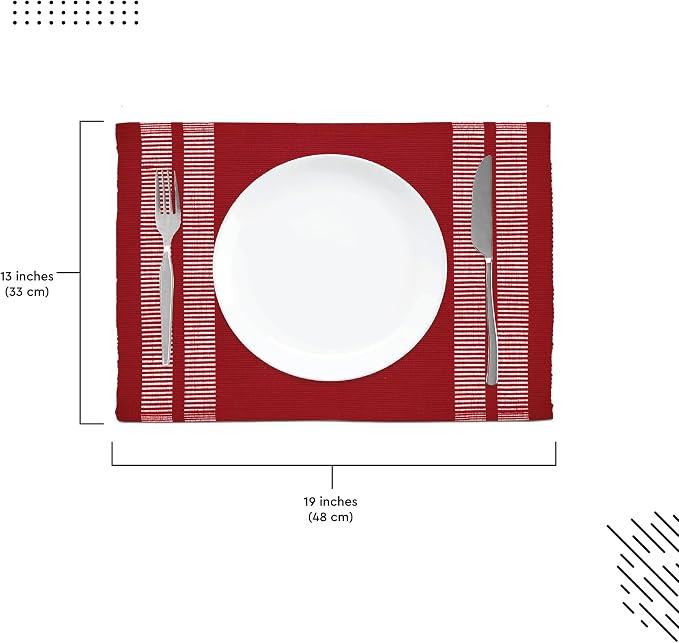 Encasa XO Dining Placemat Set of 6 | Ladder Red Color | Fine Ribbed Cotton Table mat | Size 18x13 in | Machine Washable