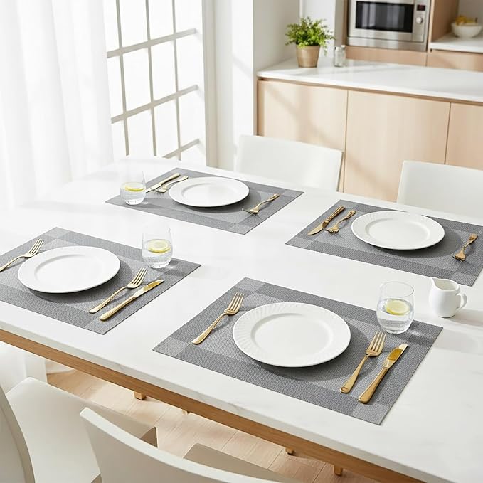 Placemat Set of 4,Vinyl/Plastic Woven Place mats, Washable Durable Heat-Resistant Non-Slip Table Mats, Wipeable Placemats for Kitchen Dining Tables, Indoor/Outdoor Use (Silver Gray, 4)