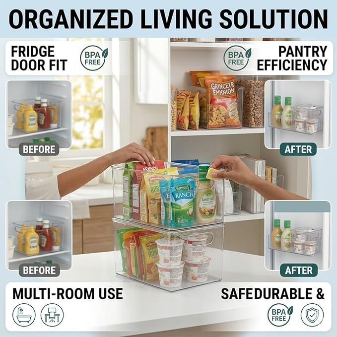 Thickened Crystal Clear Freezer Storage Bins - 4 Pack Clear Plastic Bins for Refrigerator and Pantry, Stackable Kitchen Cabinet Organizer with Handles for Pantries, Cabinets (4Pcs-S+L)