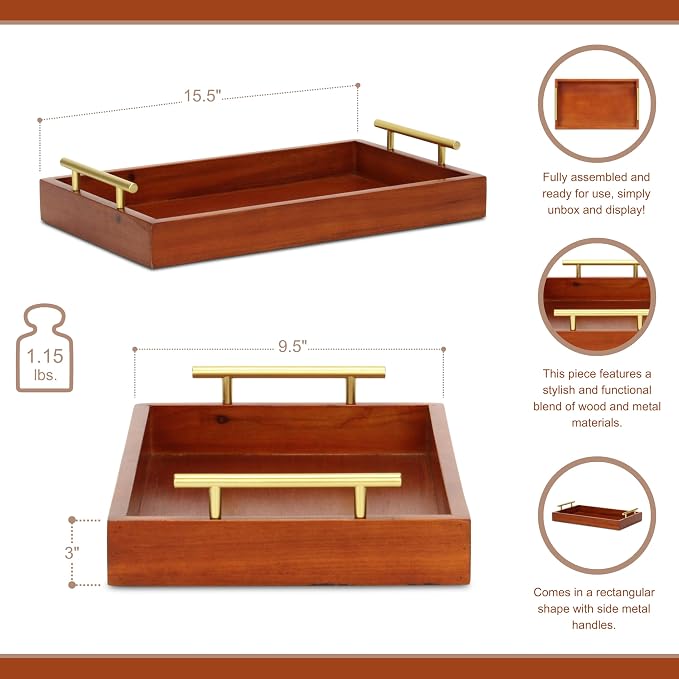 Coran Wooden Rectangle Tray | Gold Metal Handles | 6097BR