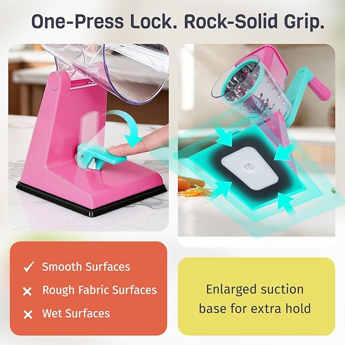 Upgraded Rotary Cheese Grater with 3 Interchangeable Stainless Steel Drums, One-Press Powerful Suction Manual Vegetable Shredder&Slicer for Kitchen, 15pcs Storage Bags Included, Rose-red&Green