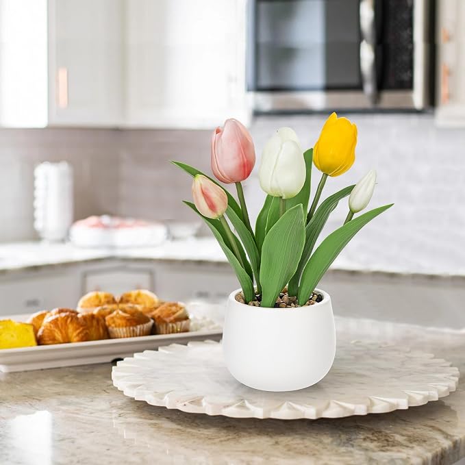 Hollyone Tulips Artificial Flowers in Vase Fake Tulips Silk Flowers Arrangements Faux Tulip Bulbs with Ceramic Pot Tulip Potted Plants Floral Bouquet for Home Decor Table Centerpiece Decorations