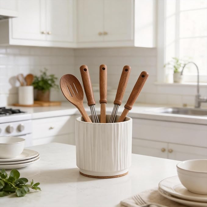 Utensil Holder for Kitchen Counter Ceramic Utensil Crock Organizer for Countertop, Heavy Large Holder for Spatulas, Spoons, Kitchen Counter Decor Rustic 5.5 Inch, Vintage Farmhouse White