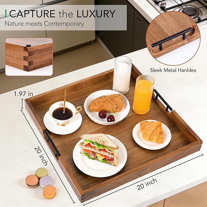 Joy&Grace Ottoman Tray for Living Room, Large Acacia Wooden Serving Tray with Handles for Coffee Table, Breakfast in Bed, Food Dinner, Decorative Tray (Color Natural, 20" x 20" x 2")