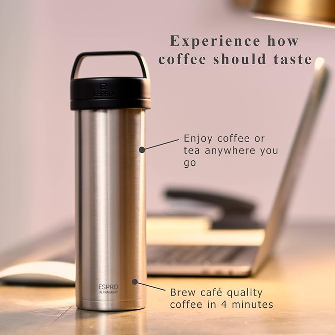 ESPRO Go P0 Ultralight French Press Coffee Maker for Travel, Vacuum Insulated Stainless Steel, 16 Ounces, Brushed Stainless Steel