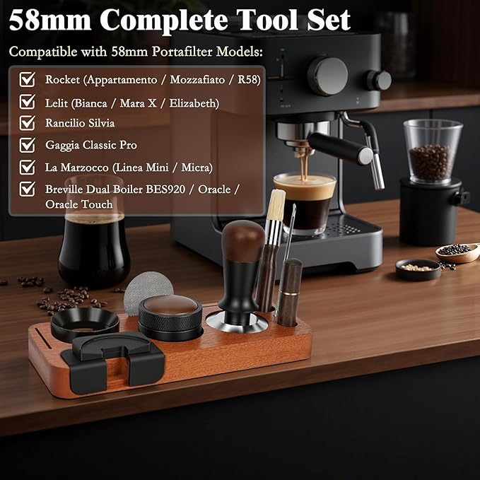 8 PCS Espresso Accessories Kit, 58mm Espresso Tamper Kit Coffee Tamper Set with Coffee Distributor, Espresso Tamping Station, Espresso WDT Stirrer,Dosing Funnel, Fits Breville 58 mm Portafilter