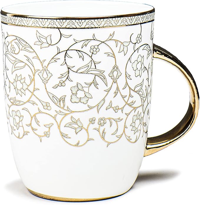 Femora Ceramic Coffee Mugs Indian Golden Disign Set of 2, 10 oz, Cappuccino Cups, Porcelain Tea Set, Latte Cups, Espresso Mugs