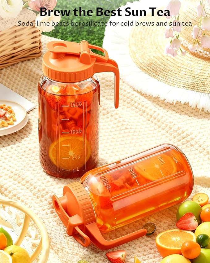 Glass Pitcher with Airtight Lid and Spout, 64oz Mason Jar Pitcher - Wide Mouth, Leakproof Water Jug for Juice, Sun Iced Tea, Cold Brew Coffee, Milk Storage, Orange