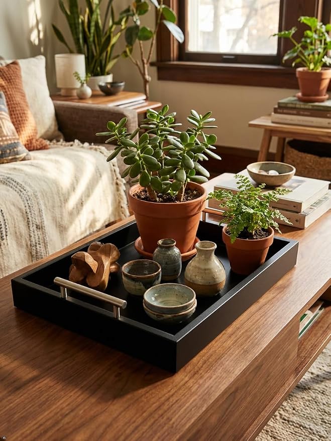 Serving Tray 16.5“X 13“Deluxe Wooden Ottoman Tray for Coffee Table with Polished Silver Metal Handles and 4 Coasters, Living Room Bathroom Coffee Bar Organizer Modern Decorative Black