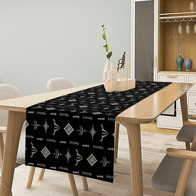 Aztec Table Runner, Vintage Rustic Minimalist White American Western Navajo Primitive Nation Tribal Star Cow's Head Table Decor Table Top Dining Kitchen Wedding Party 13x60 in