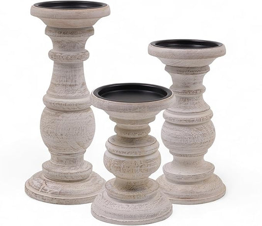 Hosley Set of 3 Whitewashed Wooden Pillar Candle Holders – 10”, 8”, and 6” Heights – Ideal for LED and Pillar Candles, Weddings, Parties, Home Décor, Spa, Reiki, and Aromatherapy