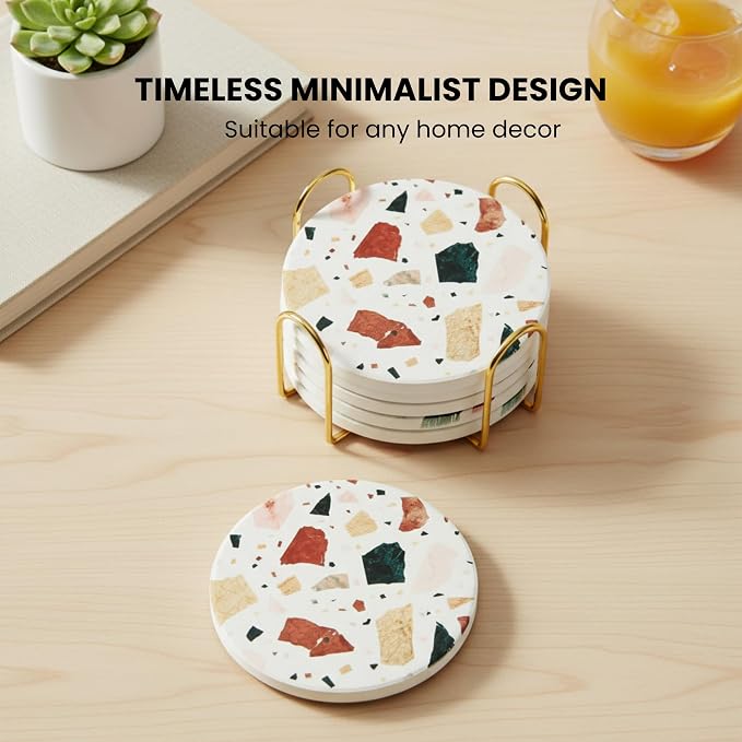 Terrazzo Coasters Set of 6, Ceramic Absorbent Drink Coasters, Cute Mid Century Boho Coaster, Coffee Table Desk Decor, Colorful Stone Coaster for Drinks