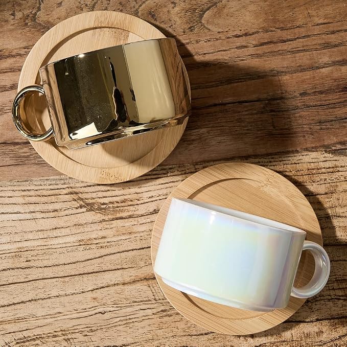 LUKA Porcelain Espresso Cup with Saucers and Metal Stand - 6 Ounce Stackable Ceramic Demitasse Espresso Mugs Cappuccino Cups Set for Latte, Coffee, Cafe Mocha, Tea - Set of 4,Shimmer Golden