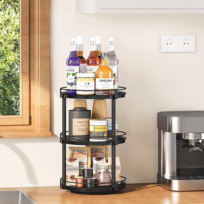 Snughome Lazy Susan Organizer, 3 Tier Rotating Spice Rack for Countertop, Turntable Lazy Susan Kitchen Countertop Organizer, 10.2" x 10.2" x 18.5", Black
