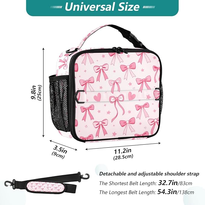 Kcldeci Cute Coquette Pink Ribbon Bow Lunch Box Kids, Large Insulated Lunch Bag for Girls, Cooler Lunchbag, Toddler Lunchbox, School Daycare Lunch Tote Pail for Boys