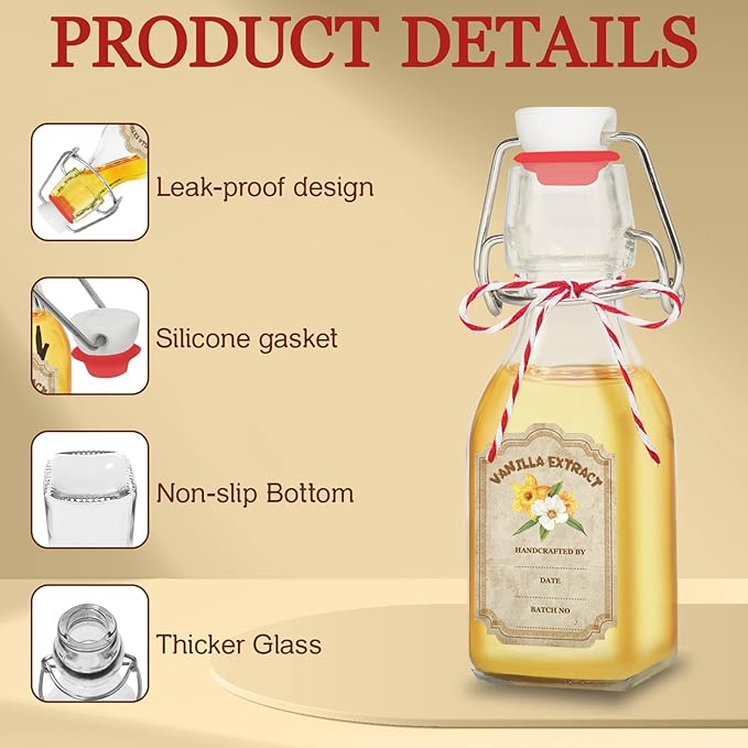 20 Pack Swing Top Glass Vanilla Extract Bottles 4 oz with Lids, Vanilla Extract Labels and Funnel, Glass Boston Vanilla Bottles for Syrup Gift, Flip Top Glass Bottles Jars for Vanilla Extract