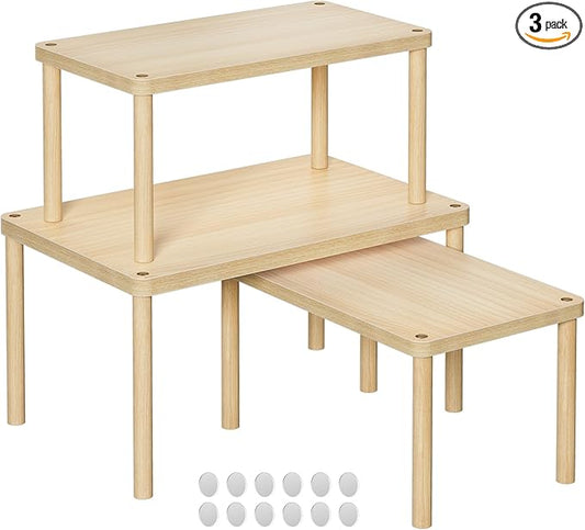 HYPIGO Cabinet Storage Organizer Shelf, Set of 3 Kitchen Cabinet Shelves, Stackable Cabinet Risers, Spice Rack Organizer for Countertop, Under Sink, Bathroom, Pantry Organization with Non-Slip Mat