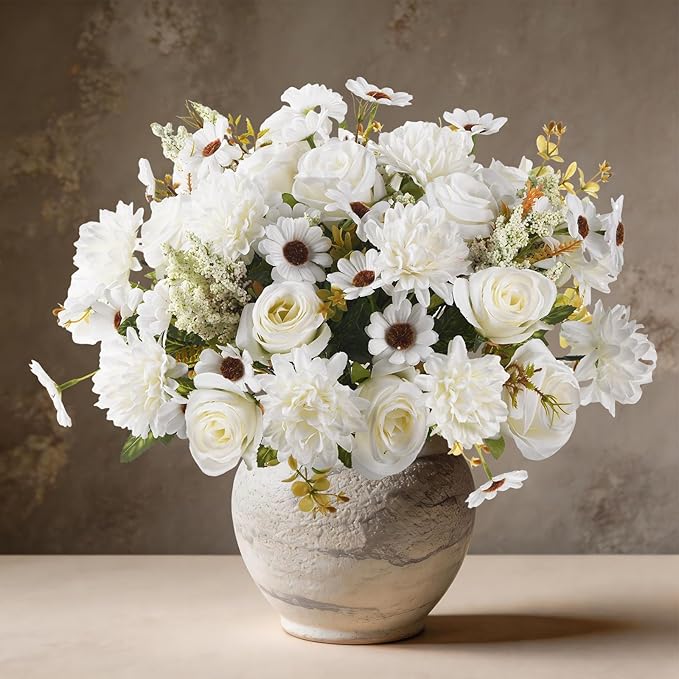 Artificial Fake Flowers for Spring Decoration, 4 Pcs Faux Silk Flower Arrangements Centerpiece for table with Chrysanthemum Rose Daisy Floral Bouquets Office Wedding Patio Porch Indoor Home Decor