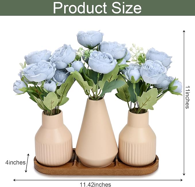 Flower Table Centerpiece - Dining Table Centerpiece Decor Set of 3 Fake Peonies in Ceramic Vases & Wood Tray Modern for Kitchen Island Living Room Coffee Table Home Decor (Blue)