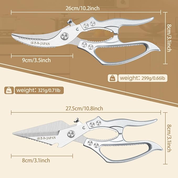 Huusk Heavy Duty Kitchen Scissors Set – All Purpose Japanese Poultry Shears for Chicken, Meat, Fish, Vegetables & Pizza with Ergonomic Non-Slip Silver Handle, Gifts for Women Men