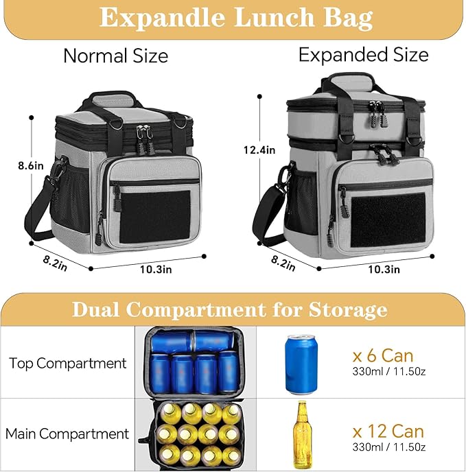 GLENKEY Tactical Lunch Box Cooler Bag - Expandable Insulated Lunch Bag for Men Daily - Large Lunchbox for Adults Work Shifts Outdoor Trips Grey 16L