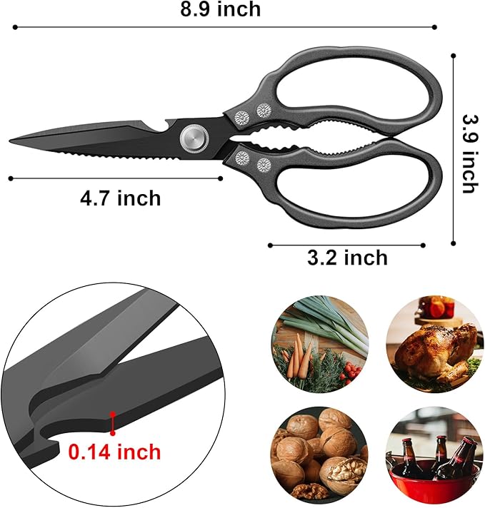 CGBE Kitchen Scissors, Multi-Purpose Kitchen Shears, Heavy Duty Dishwasher Safe Food Scissors for Chicken, Poultry, Fish, Meat & Herbs with Non-Slip Grips - ALL Black