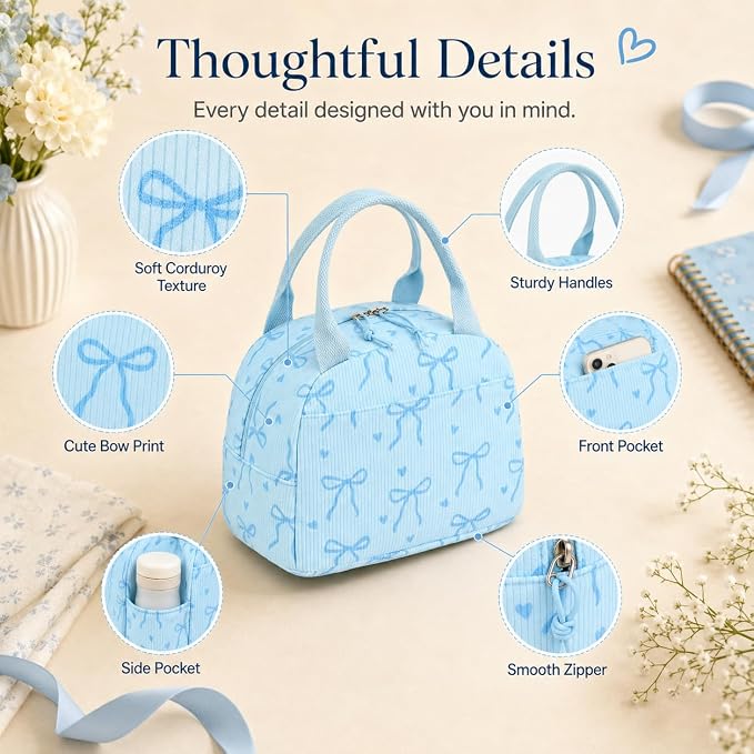 LEDAOU Lunch Box for Women Insulated Lunch Bag Corduroy Lunch Tote Bags Leakproof Cooler Lunch Case for Travel Work Picnic (Bow Tie Blue)